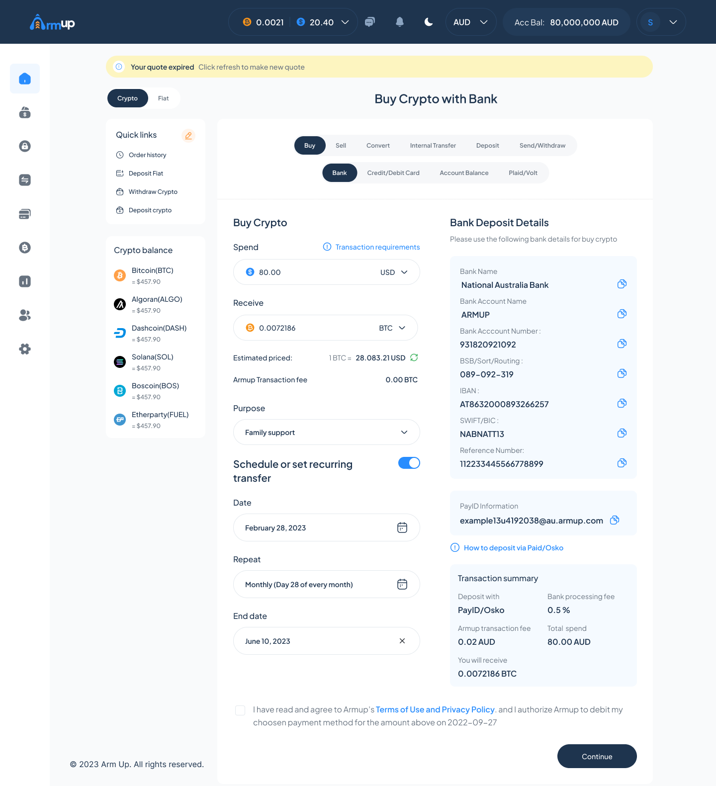 ARMUP Crypto Wallet and Cards Interface